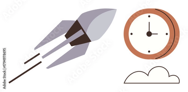Fototapeta Rocket shooting forward beside clock and cloud. Ideal for innovation, productivity, time management, progress, future planning, ambition, efficiency themes. Simple flat metaphor