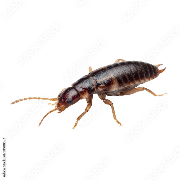 Fototapeta Detailed macro photograph showcasing an isolated European earwig with prominent cerci isolated
