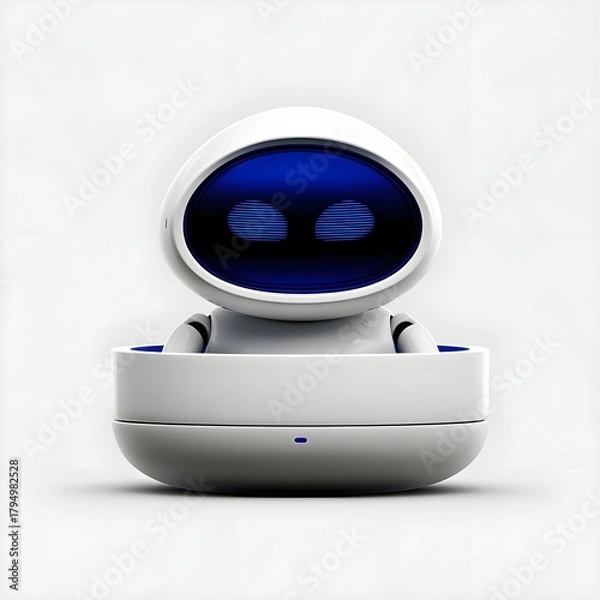 Fototapeta Circular robot companion charging in docking cradle on white background; 
