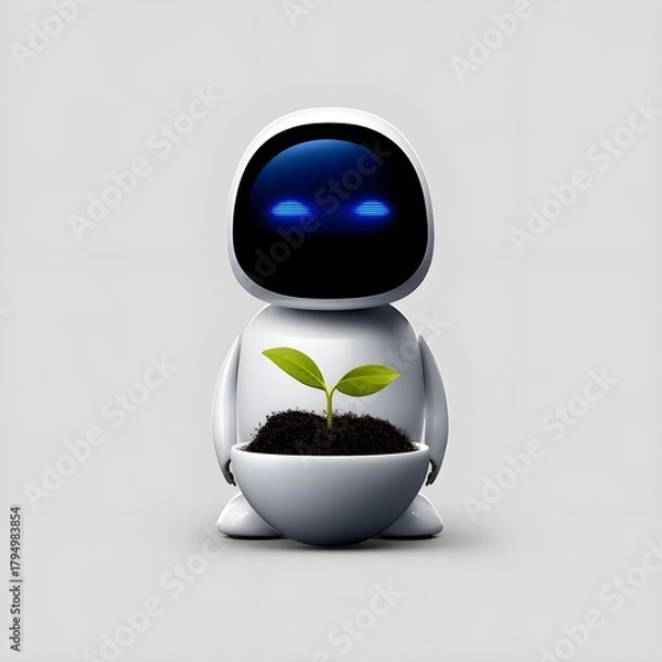 Obraz Eco-friendly robot planting a small sapling on white background, representing sustainability, green technology, and environmental robotics.