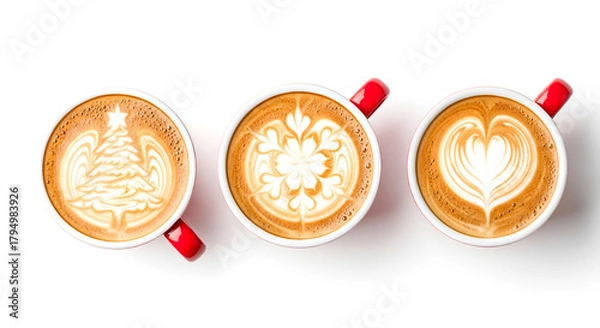 Fototapeta   Three latte cups with festive designs: heart, snowflake, and Christmas tree, on a clean white background. Minimalist coffee art for holiday themes