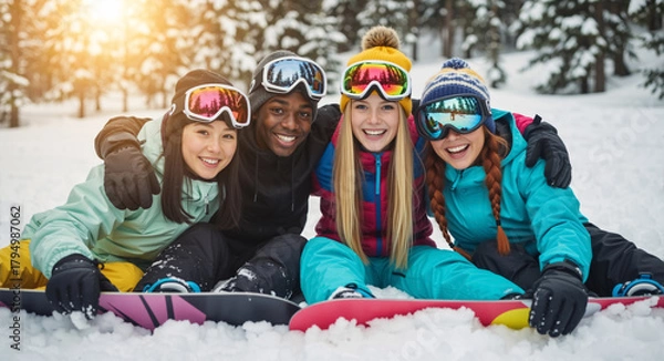 Obraz Happy group of diverse friends posing in the snow with snowboards. Young multi-ethnic people on a winter vacation at a mountain resort