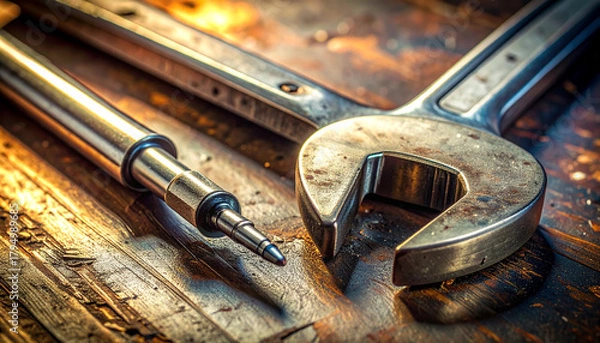 Fototapeta Tools of the Trade: A close-up shot captures a wrench and a pen laid upon a weathered wooden surface, showcasing the tools of trade.