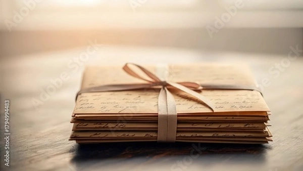Fototapeta Stack of vintage handwritten letters tied with a ribbon in soft light