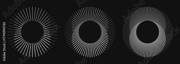 Obraz Set of rotating radial lines in circle form. Abstract geometric sun rays in different shape and thickness create visual effect of illusion. Design element for logo, prints, template or posters.