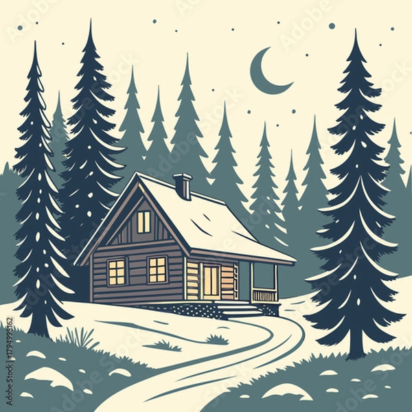 Obraz Snow-Covered Cabin in the Mountains