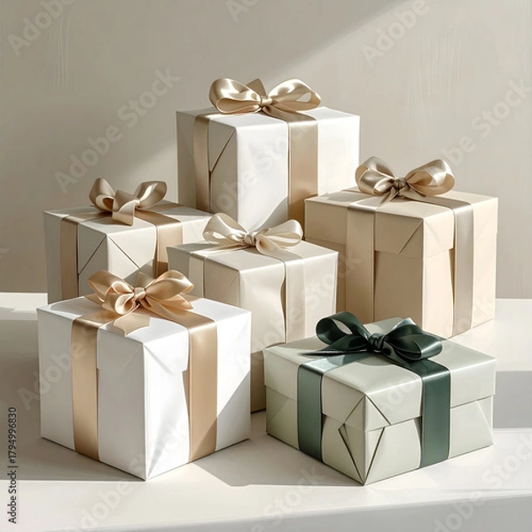 Fototapeta A collection of six beautifully wrapped gift boxes in white and green colors. Each box features elegant ribbons, perfect for holiday celebrations.