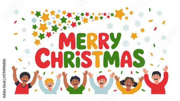 Obraz Holiday Joy: A vibrant illustration captures the spirit of the season with animated individuals celebrating, bright colors, stars, snowflakes and confetti against a festive background.