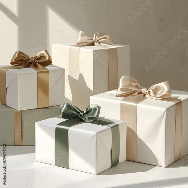 Fototapeta A collection of elegantly wrapped gift boxes in various sizes. The boxes are adorned with satin ribbons in gold, cream, and green. Ideal for holiday celebrations.