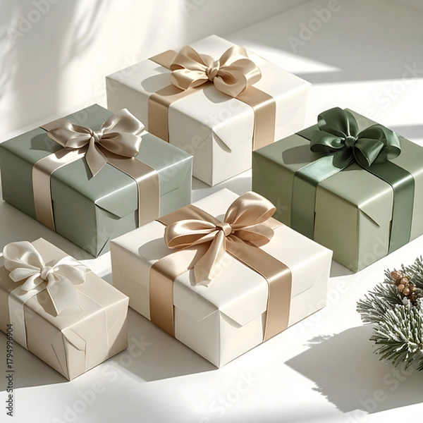 Fototapeta A collection of beautifully wrapped gift boxes in various colors. The boxes are adorned with ribbons and placed on a light surface, evoking a festive atmosphere.