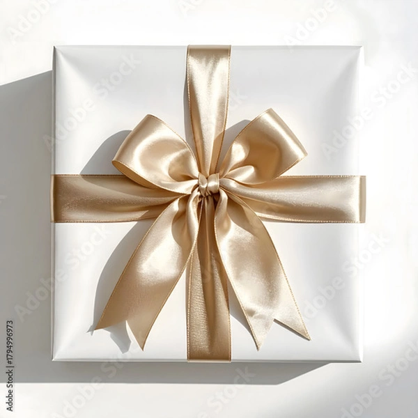 Fototapeta A beautifully wrapped gift box in white paper with a shiny gold ribbon. Perfect for celebrations like Christmas and New Year.