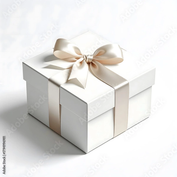 Fototapeta A white gift box with a satin ribbon and bow. The box is neatly wrapped, symbolizing celebration and surprise for holidays like Christmas and New Year.