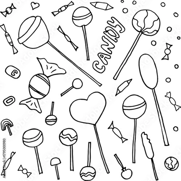 Fototapeta A set of heart-shaped lollipops, round lollipops with a variety of patterns, and candies