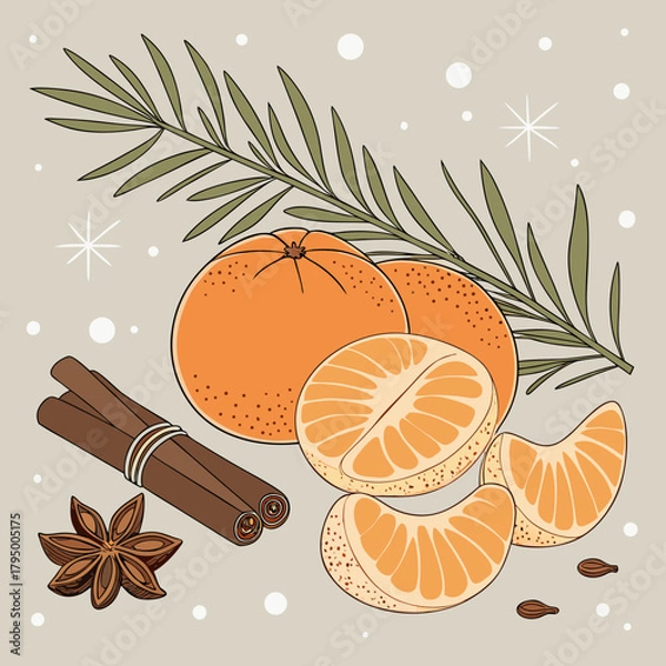 Obraz Mandarines with Pine Branches and Cinnamon