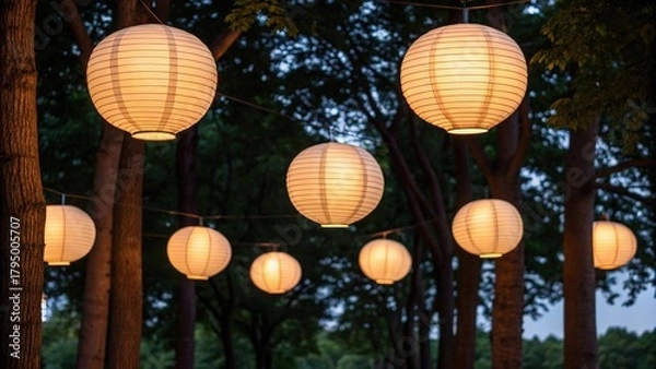 Fototapeta Warm glowing paper lanterns suspended between dark trees at dusk