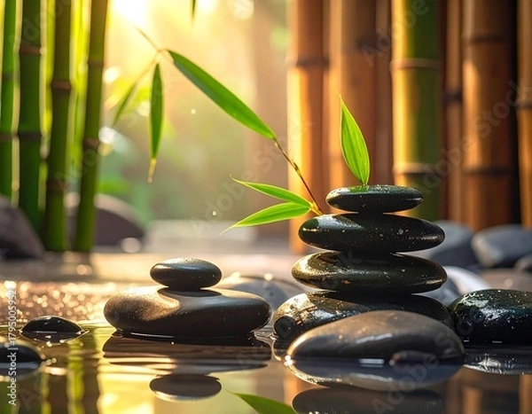 Obraz Zen garden scene with stones and bamboo
