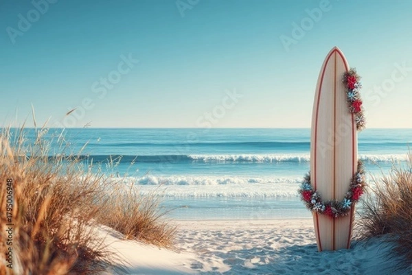 Obraz Surfboard decorated with Christmas wreath on sunny coastal sand dune beach
