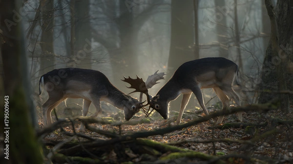 Fototapeta dominance. Two male deer with locked antlers in a misty forest. wildlife magazines, conservation campaigns, designed for wildlife conservation campaigns, promotes animal welfare.