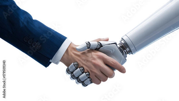 Fototapeta Human and robot shaking hands isolated on transparent background