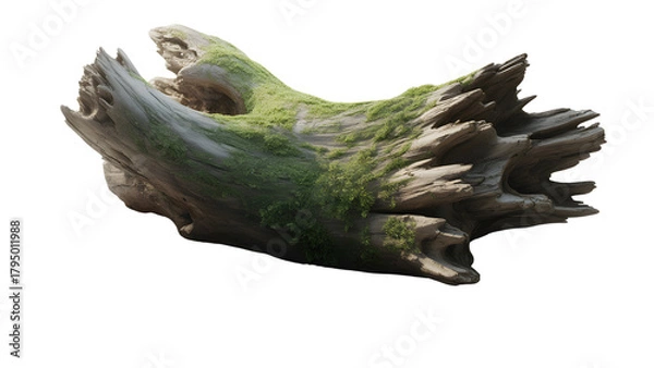 Fototapeta Weathered piece of driftwood covered in moss isolated on transparent background