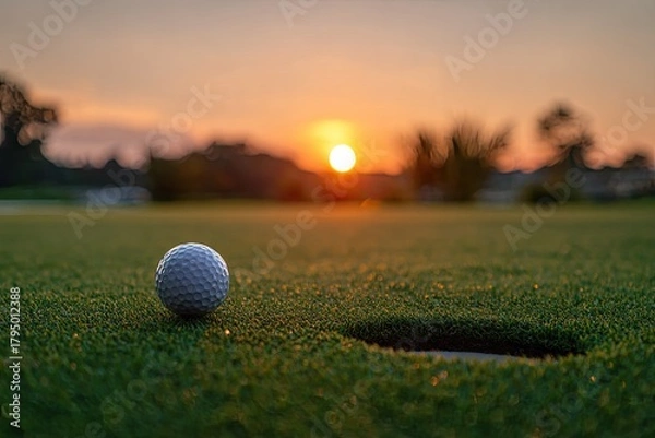 Fototapeta A golf ball rests near the hole on a green, illuminated by a setting sun's golden glow