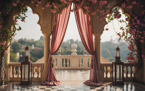 Obraz Royal Palace Balcony Backdrop with Flowering Vines, Silk Drapes and Antique Brass Lanterns Overlooking Lush Garden