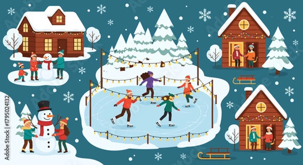 Obraz Festive winter village scene with people ice skating and building snowmen, surrounded by snow-covered houses and trees, flat illustration style.