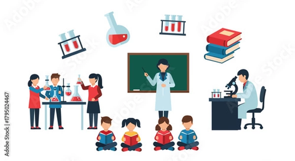 Fototapeta Flat design science education vector illustration featuring students, teacher, and laboratory research activities.