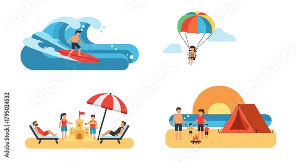Obraz Flat Design Summer Vacation Activities Illustration Set with Surfing, Parasailing, Beach, and Camping Scenes