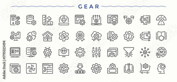 Fototapeta Gear icon set. Thin line icons set. Editable vector illustration. Tools line icon set. Contains outline symbols like tool, engine, work, technician and more.