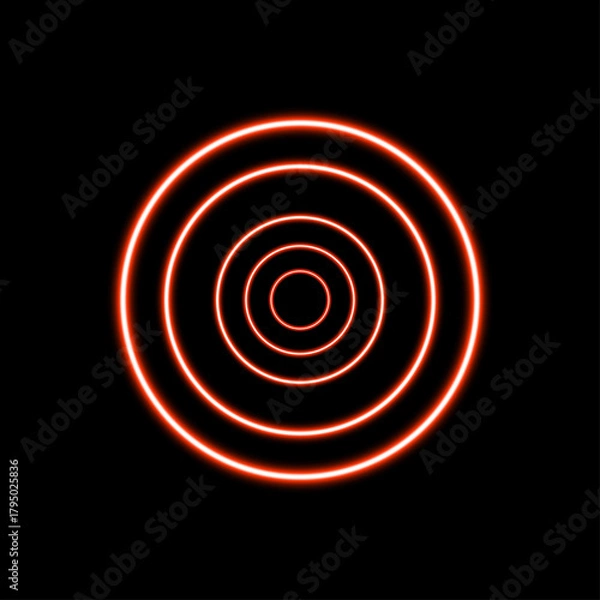 Obraz Red Glowing Concentric Circles on Black Background, Circular Neon Design Element