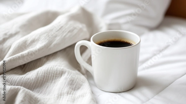 Fototapeta Warm cup of black coffee resting on soft white bedding.