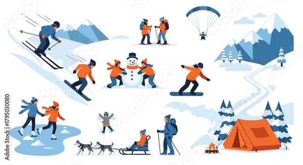 Fototapeta Winter Activities Illustration: Skiing, Snowboarding, Snowshoeing, Sledding, and Building a Snowman
