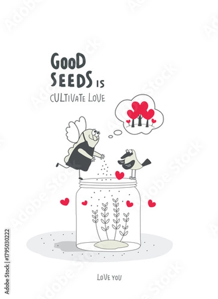 Obraz Vector cartoon sketch of Angel who plants trees of love and cultivate love. Self-Love, Mental Health and positive Psychotherapy. Concept of care, philanthropy and support. Good deeds is good seeds.