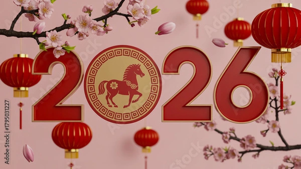 Fototapeta  new year 2026 year of the horse celebration with red lanterns and cherry blossoms