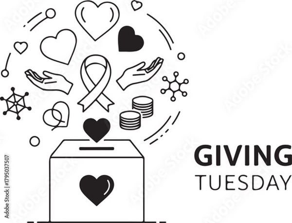 Fototapeta Giving Tuesday donation box with hearts and support icons flowing out Keywords: giving tuesday