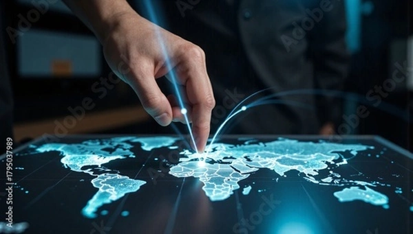 Fototapeta Businessman touching global network connection on map
