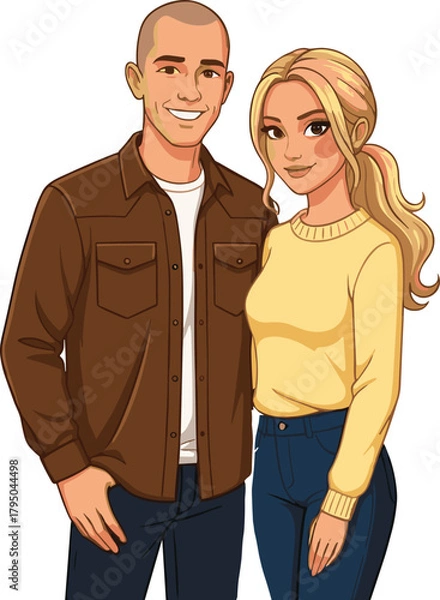 Fototapeta Happy young couple standing together smiling, modern man and woman posing casually in stylish clothing, romantic relationship illustration, love and togetherness vector art