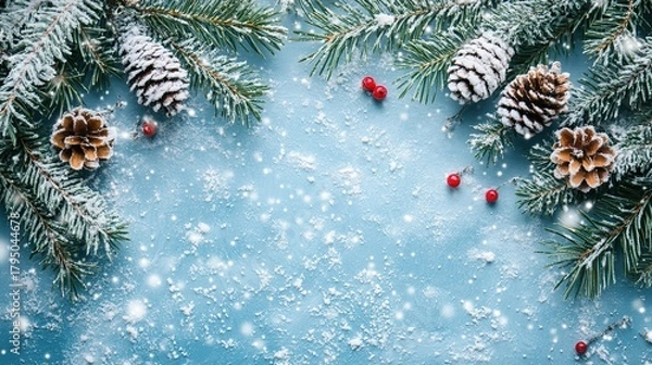 Fototapeta christmas background with snow, pine branches, and pine cones on a blue tabletop, copy space, winter holiday concept, christmas card design or banner template for new year's celebration.
