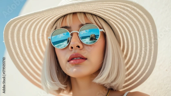 Fototapeta Stylish woman wearing wide brimmed hat and round sunglasses, reflecting beach scene. bright sunlight enhances her fashionable look and summer vibe