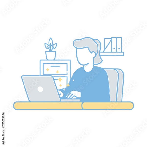 Fototapeta Cartoon vector illustration of a businessman working on a laptop computer at a desk in an office room
