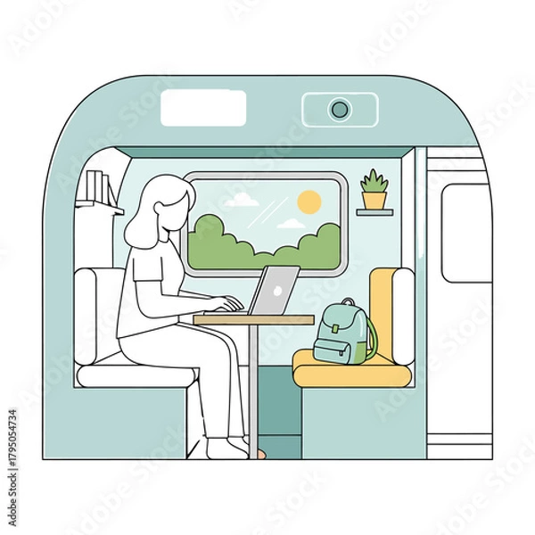 Fototapeta Person working on a laptop inside a cozy camper van with a scenic view