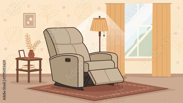 Obraz Relaxing recliner chair scene perfect for home decor, creating a cozy feeling with a modern lamp, side table and window view, designed for comfort