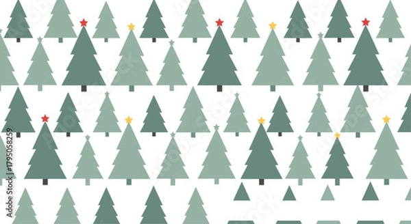Obraz Festive seamless pattern featuring various green Christmas trees adorned with red and gold stars on a clean white background.