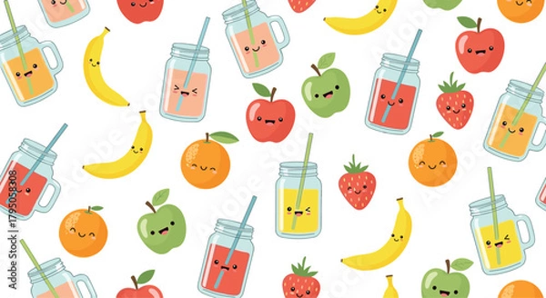 Obraz A delightful seamless pattern featuring a variety of cute cartoon fruits like apples, bananas, oranges, strawberries, and fun juice jars with kawaii faces.