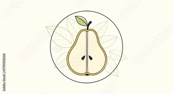 Fototapeta Minimalist vector illustration of a pear cut in half with a stem and leaf, surrounded by faint botanical outlines in a circular frame.