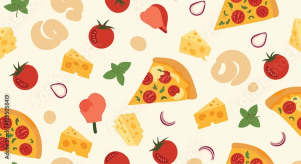 Obraz A vibrant seamless pattern featuring delicious pizza slices, fresh tomatoes, cheese, basil, and red onions, alongside whimsical decorative elements.