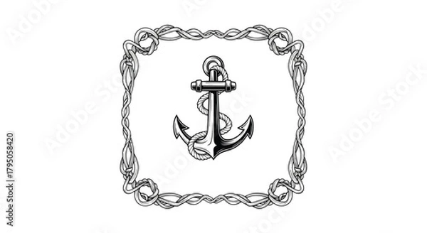 Fototapeta Detailed black and white illustration of a nautical anchor within a rope frame.