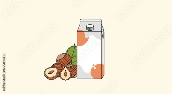 Obraz Minimalist illustration of a hazelnut milk carton with a screw cap, accompanied by a small pile of whole and shelled hazelnuts on a light background.