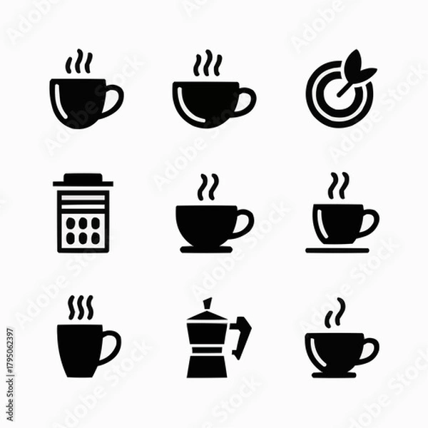 Fototapeta Coffee Icons: A stylish array of minimalist coffee icons, including steaming mugs, a target, and a coffee machine. Illustrating the daily rituals of the modern world.